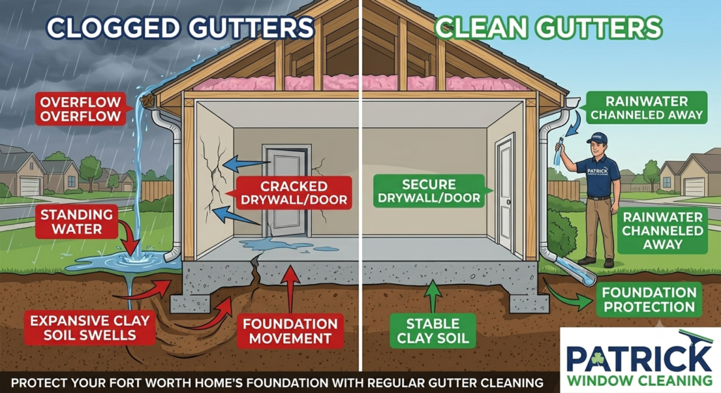 Gutter cleaning foundation protection service on a Fort Worth home