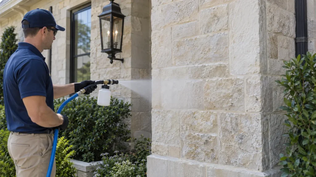 Illustration of low-pressure cleaning on a limestone exterior