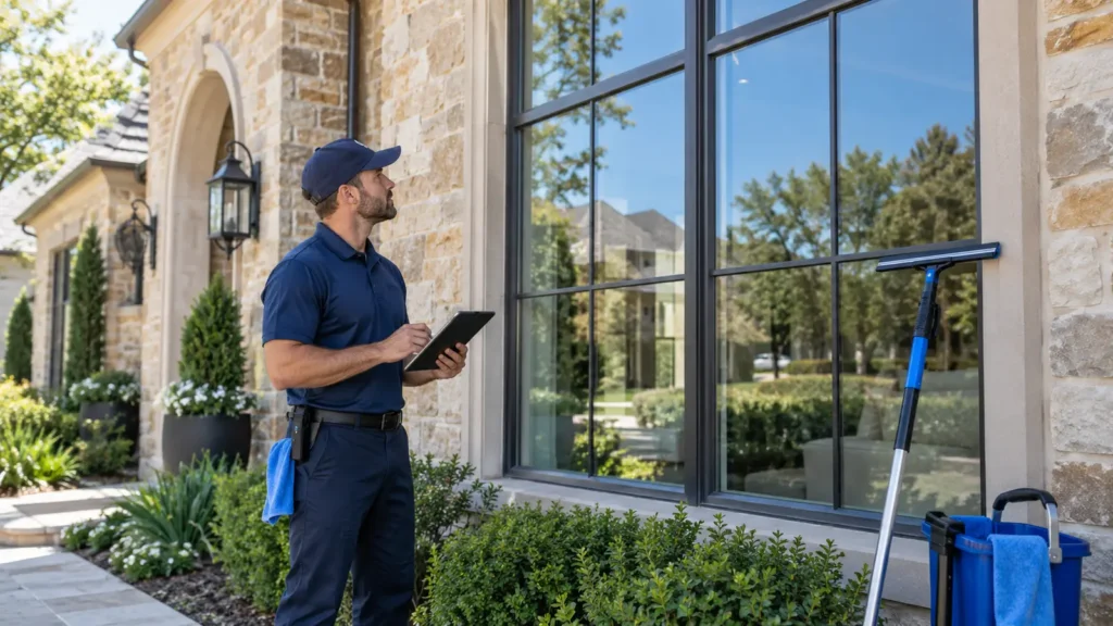 Illustration of a technician cleaning a large residential window